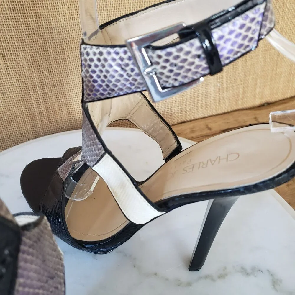Vintage Charles Jourdan Black White Purple Iridescent Snakeskin Stiletto Heels 7